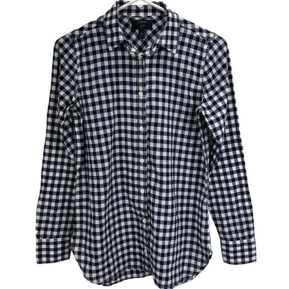 J Crew Women's Boy Shirt Sz 00 Button Down Navy Blue Check Long Sleeve - Picture 1 of 10